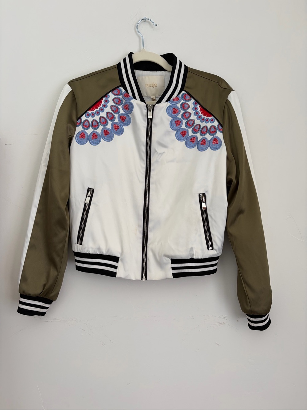 Maje "Bloomy" Peacock Embroidered Satin Bomber Jacket - Like New - size 38
